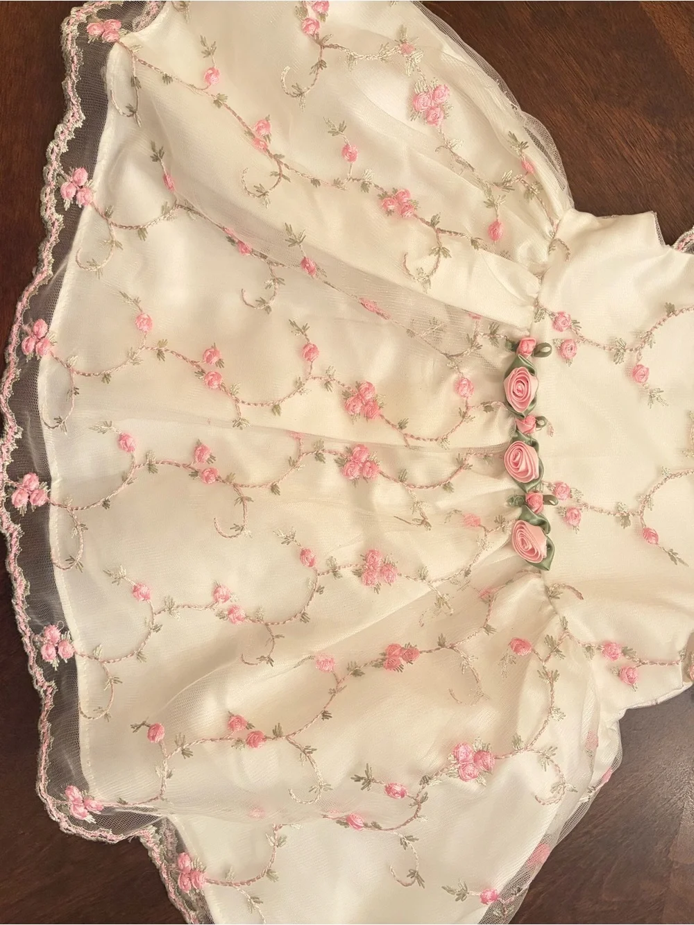 Girls Cream Floral Embroidered Party Dress with Pink Accents